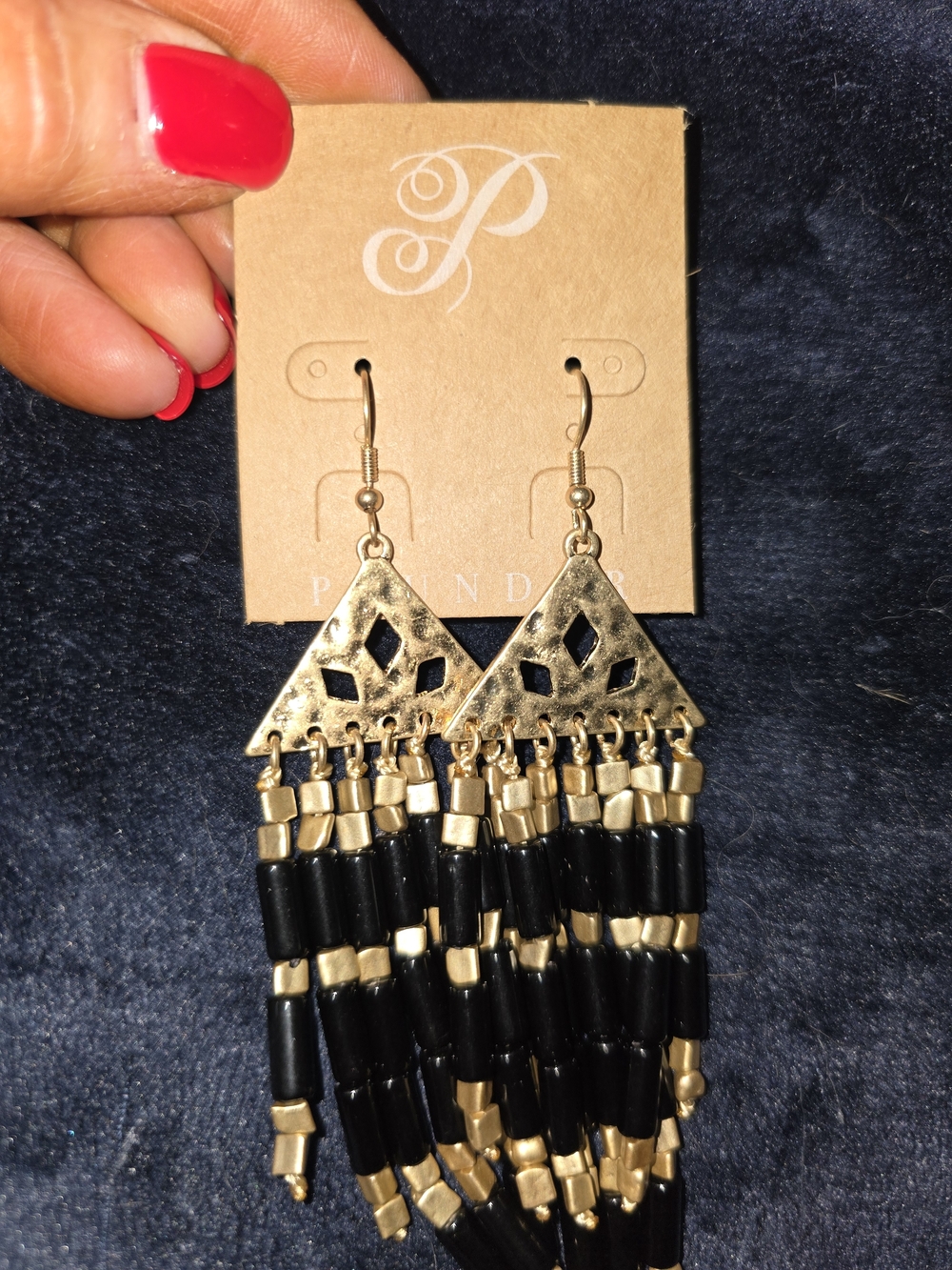 Gold and Black Beaded Dangle Earrings - Elegant Triangle Fringe